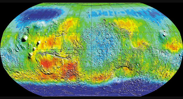 2001年の火星探査機マーズ・オデッセイによって収集されたデータから作成された火星の熱外中性子（中間エネルギー）の全球マップ