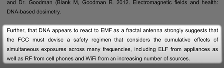 さらに、DNAがフラクタルアンテナとしてEMFに反応するように見えることは、FCCが、家電製品からのELFだけでなく、携帯電話やWIFIからのRFなど、多くの周波数にわたる同時暴露の累積効果を考慮した安全養生法（療法）を考案しなければならないことを強く示唆している。