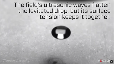 フィールドの超音波は、浮遊しているドロップを平らにするが、その表面張力によって、ドロップは結合されている。