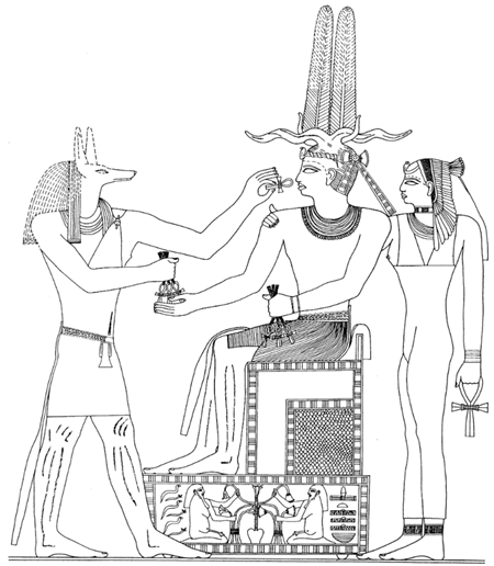 神々を伴い、アブシールの葬儀寺院で発見されたアヌビス神から命を授かったニ王とシル・ラー。