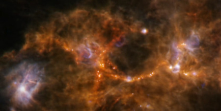 電気宇宙では、星と惑星は、蛇行する宇宙の稲妻に沿って分子雲の中で同時に形成される２