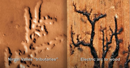 左：ニルガル峡谷：「支流」 右：木材への電気アーク