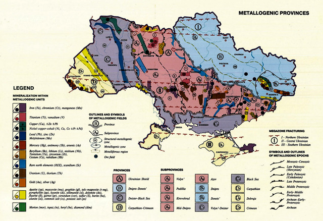 図3 ウクライナの金属地質図（出典：SRDE " Geoinform of Ukraine & Geological Survey of Norway）。