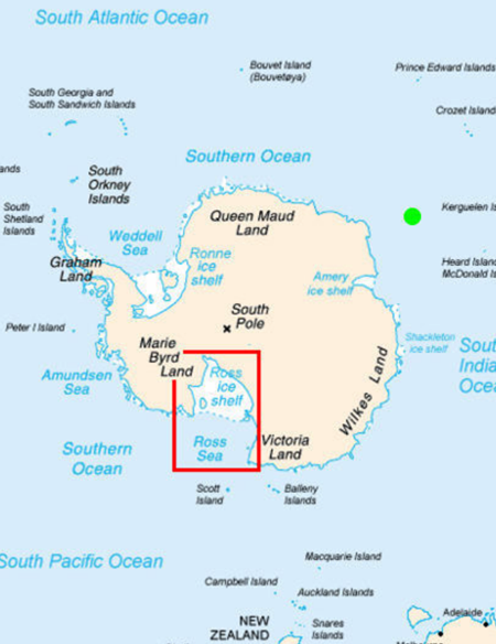 ロス海の位置。緑の点はハドソン湾の対蹠地（地球の中心を挟んで正反対の位置にある二つの場所）を示す。