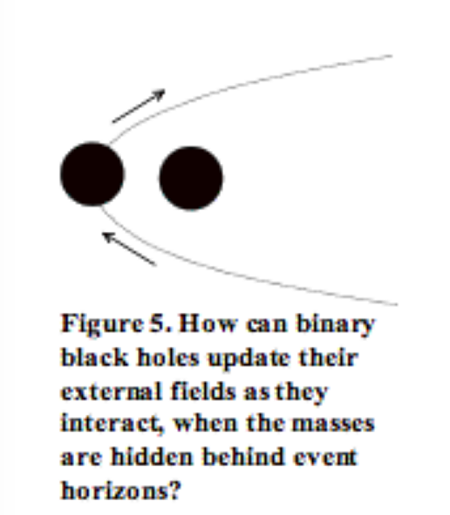 図５：質量が事象の地平線の向こう側に隠されている場合、相互作用する際に、どのようにして二つのブラックホールは外部の場を更新できるのか？