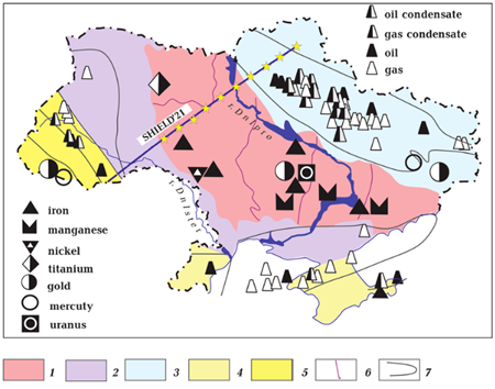 ウクライナの主な鉱石産地と石油・ガス産地 [Galetskyi, 2001].
