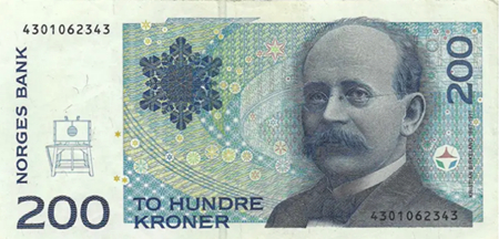 ビルケランドのテレラと真空チェンバーの小さな絵が左に描かれた1994年のノルウェーの200クローネ紙幣（notescollector.eu）