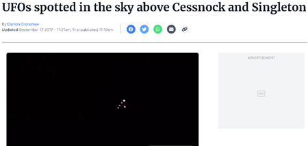 セスノックとシングルトンの上空でUFOが目撃される