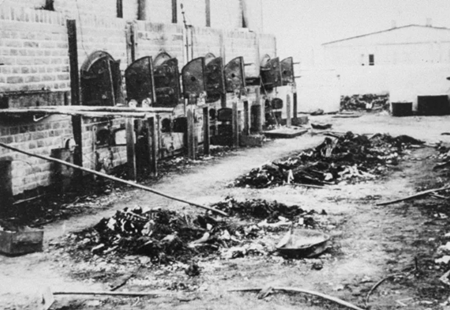 ソ連軍による解放後、ポーランドのマイダネク強制収容所で撮影された火葬場と遺体。Photo: Holocaust Encyclopedia