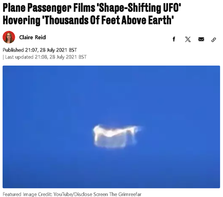 "地球上空数千フィート"をホバリングする"変幻自在の（形を変える）UFO"を飛行機の乗客が撮影 クレア・リード 2021年７月28日