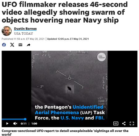 UFO映像作家が、海軍の船の近くをホバリングする物体の群れを映したとされる46秒のビデオを公開。2021年５月28日