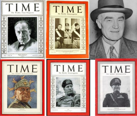 ヘンリー・ルース（右上）と、彼が手がけた数十種類の『タイム』誌の親ファシズム表紙の一部