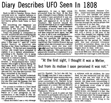 日記に1808年に目撃されたUFOの記述