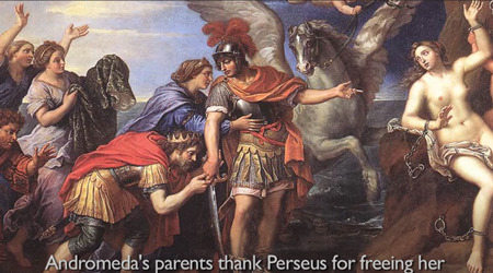 アンドロメダの両親は、彼女を解放してくれたペルセウスに感謝する～ピエール・ミニャール