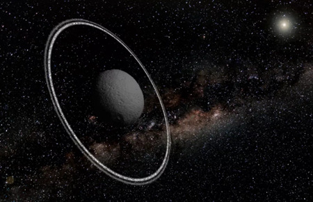 小惑星カリクロを取り囲む環の想像図。この小惑星は、太陽系で初めて独自の環系を持つことが発見された非惑星である。2014年3月26日に公開された画像。(画像提供：Lucie Maquet）