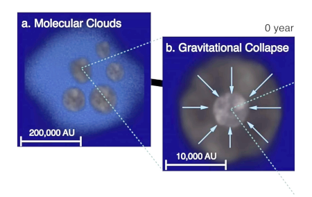 a. 分子雲、b. 重力崩壊