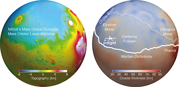 左は火星表面の高度マップ、右は地殻の厚さで色分けしたもの