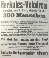 シュトライヒャーのプレ・ナチ党派の一つであるドイツ労働組合が1922年に開催した集会の広告