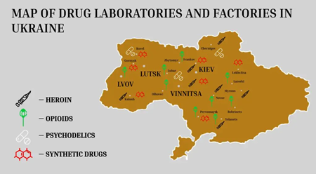ウクライナの麻薬研究所と工場の地図（不正と闘う財団による）