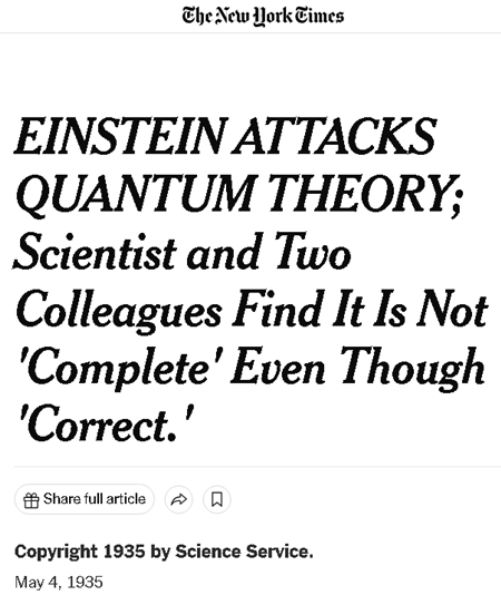 アインシュタインが量子論を攻撃、科学者と２人の同僚が"正しい"としながらも"完全"ではないことを発見。