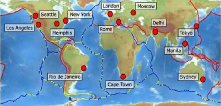 図2：国別の地震災害数：地震活動地域を示す