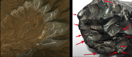 （左）南米の熱風でできた正四面体と（右）隕石の縁に沿ってできた正四面体