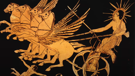 太陽の戦車を駆るファエトンまたはヘリオス、アッティカ赤像クレーターの細部、前430年頃（ロンドン、大英博物館）