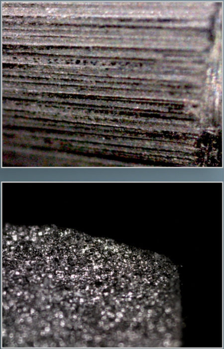 未使用のタングステンの光学顕微鏡写真、プラズマ照射による結晶の変化