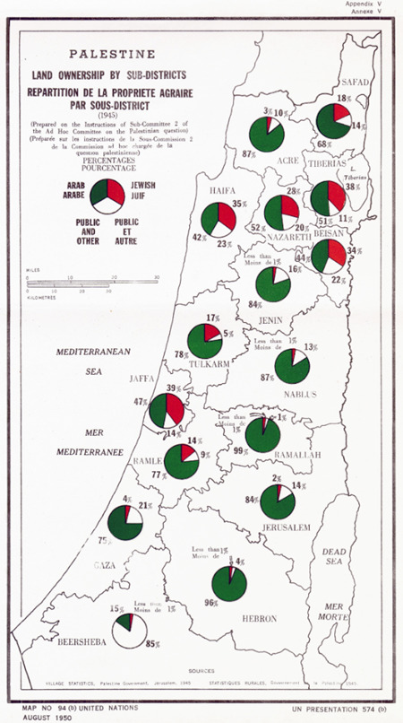 1945年の地図は、イスラエル成立当時の土地の真の所有者が誰であったかを明確に示している。アラブの土地は緑、ユダヤの土地は赤で示されている。写真：GLOBALOKPRESS