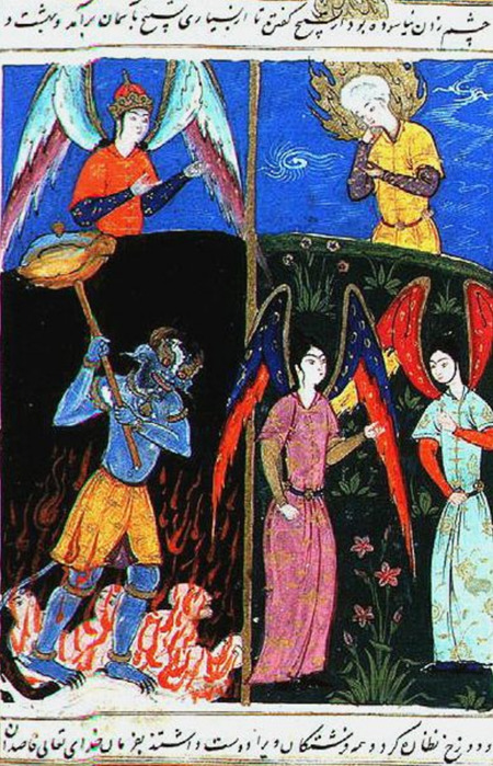 預言者たちの物語（1577年）の彩色写本に描かれた、天国と地獄を訪れるイドリスの姿