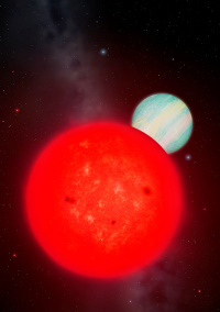 2025年6月4日に公開された、太陽の20%程度の質量を持つ赤色矮星（中央）を周回する、新たに発見された巨大惑星TOI-6894 b（右上）のイメージ図。 
University of Warwick/Mark Garlick/Handout via REUTERS 購入ライセンス権