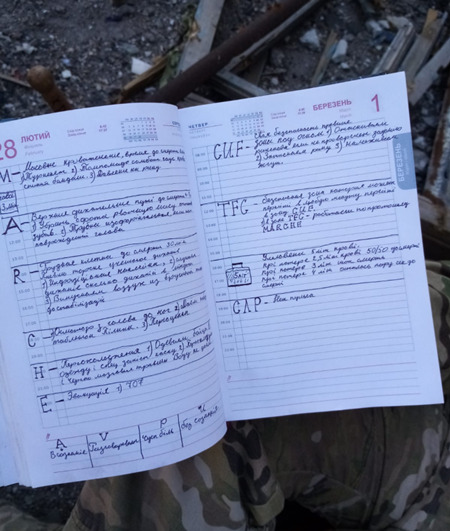 アゾフ・スチール工場で発見されたNATO司令官の自筆メモ入りノート。[写真提供：ソニア・ファン・デン・エンデ］