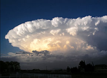 雷雨の中心核は地表の電荷を吸い上げ、拘束電荷の鉄床雲を形成する