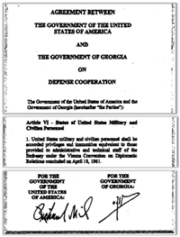 米国・グルジア協定により、グルジアでペンタゴンプログラムに従事する米軍および民間人（外交官車両を含む）には外交権が与えられている。