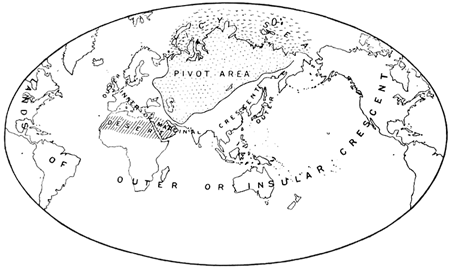 マッキンダーが 1904 年に発行した「ハートランド理論」の地図