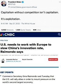 上記の米大統領のメッセージとCNBCの見出し：競争は良いことだが、もし中国が競争相手なら、それは抑制されなければならない。