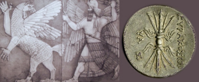 雷を振り回すアッシリア神話の戦士ニヌルタ（左）とギリシャのコイン（右）