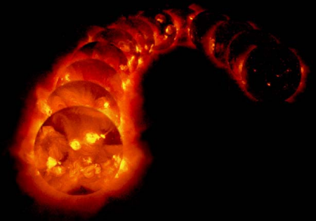 ようこう（日本の太陽観測衛星）が撮影した、1991年から1995年にかけての太陽の極小期から極大期のＸ線太陽